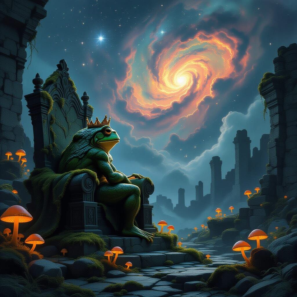 Mossy Frog King on Throne in Cosmic Ruins