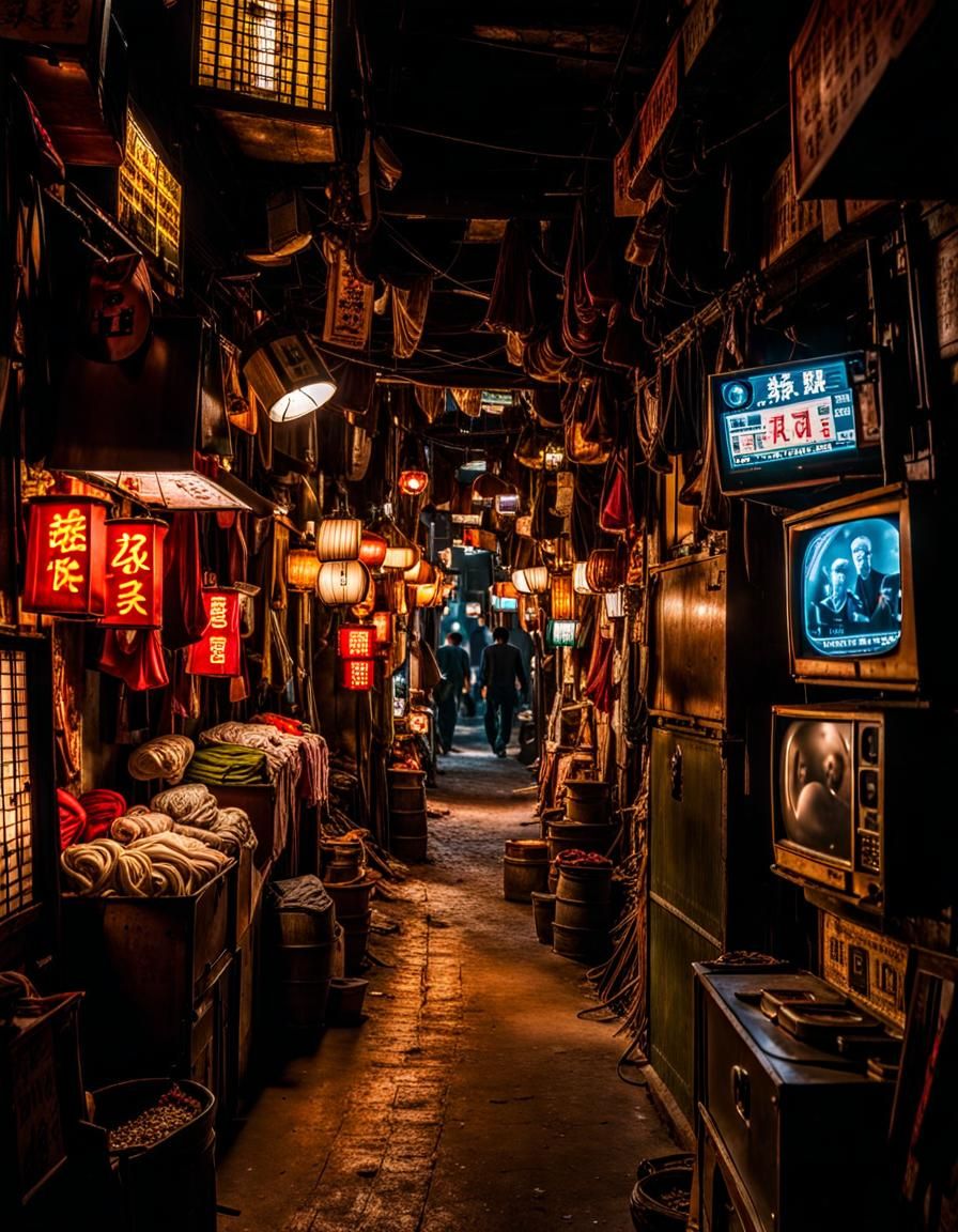 Kowloon Walled City Interior with Neon Signs