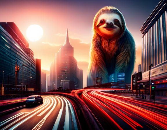 Sloth Portrait Billboard in Sci-Fi Cityscape