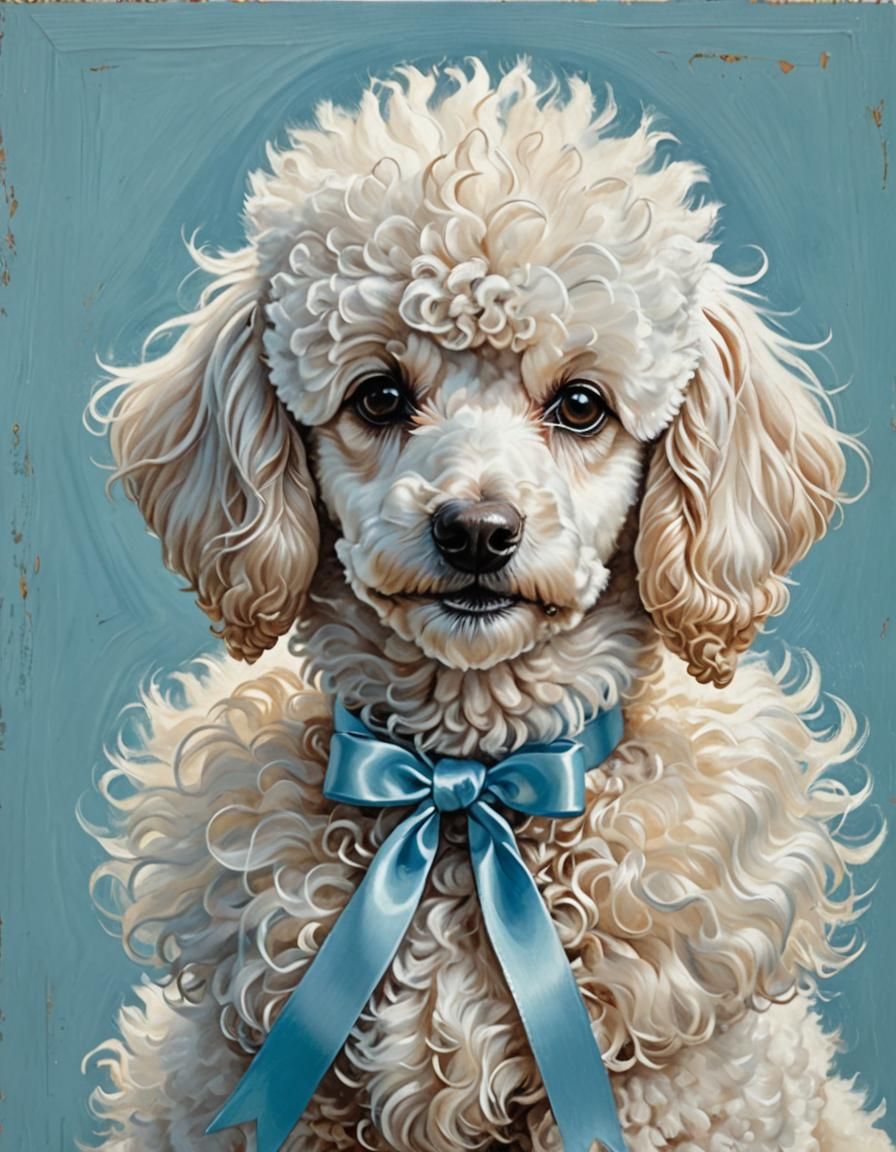 Poodle Portrait in Rockwell Style with Blue Ribbon