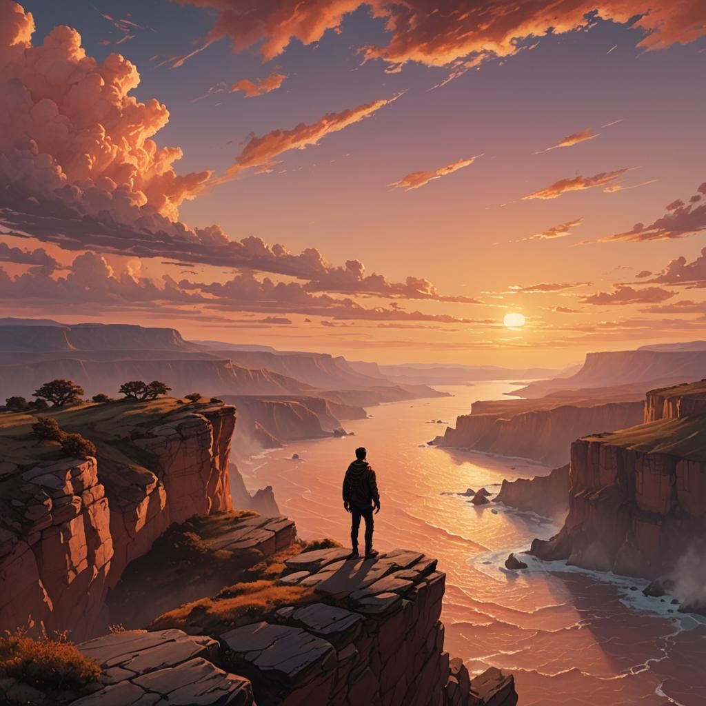 Lone Figure at Cliff's Edge in Golden Hour Lighting