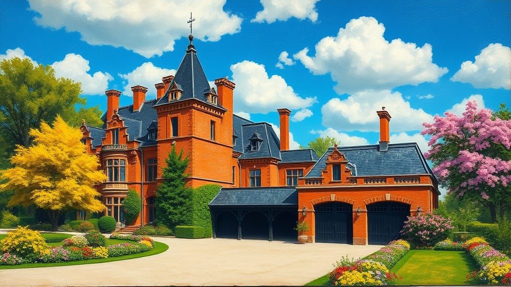 Elegant Chateau Surrounded by Vibrant Trees and Flowers