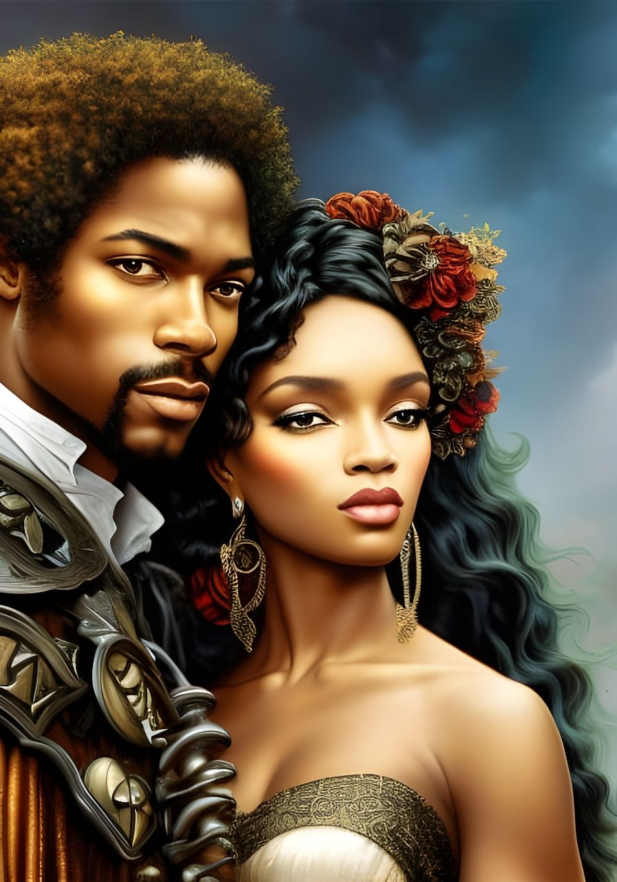 Romantic Black Couple Portrait in Hyperdetailed Style