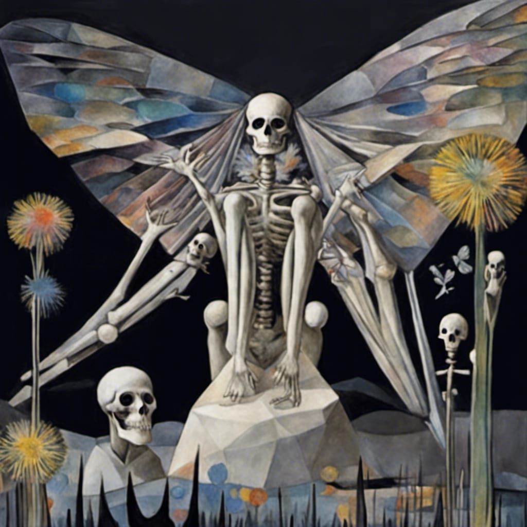 Winged Skull Family in Dandelion Dreamscape