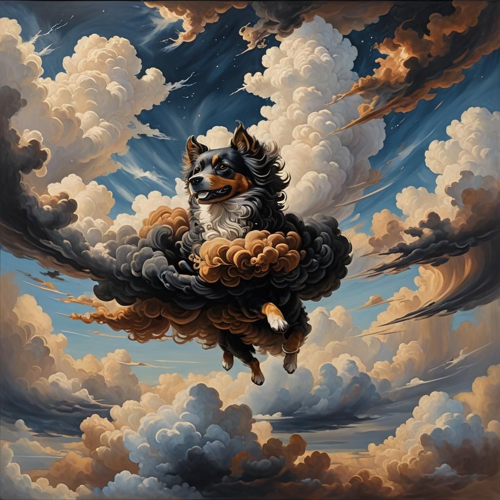 Regal Cloud Dog Glides Across the Heavens as Oil Painting