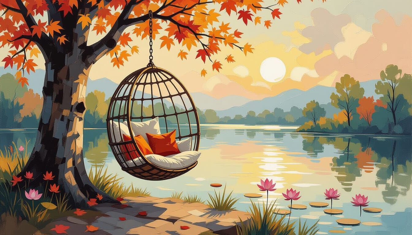 Zen Lotus Lake with Swinging Chair, Impasto Style