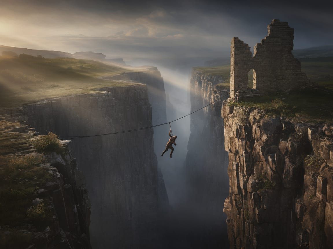 Adventurer Swinging Across Canyon in Bierstadt Style