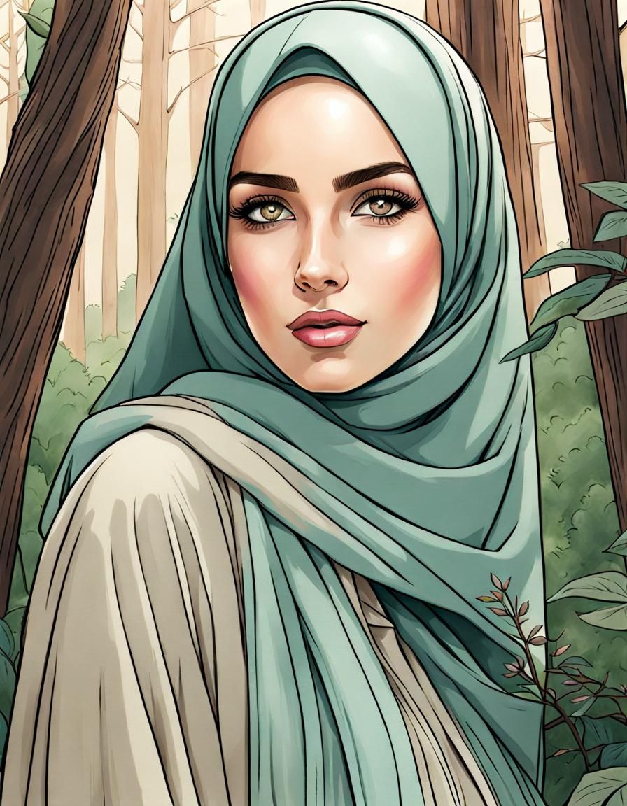 Woman in Hijab: Detailed Color Pencil and Ink Drawing