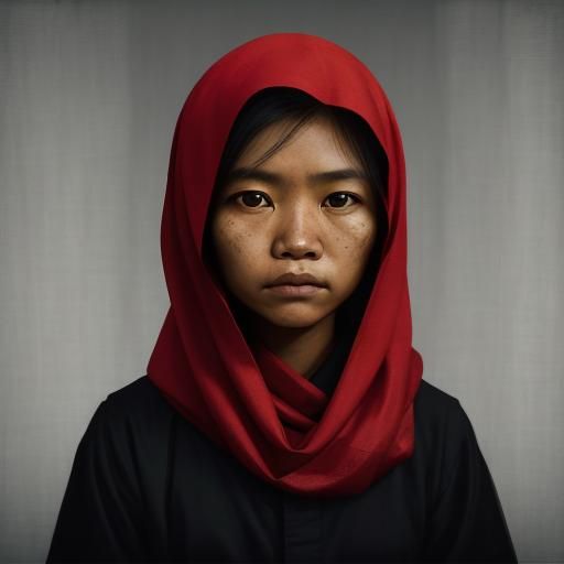 Malaysian Woman Portrait with Red Veil in Ambient Light