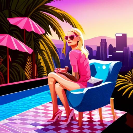 Barbie Lounges by Rooftop Pool in Pop Art Style