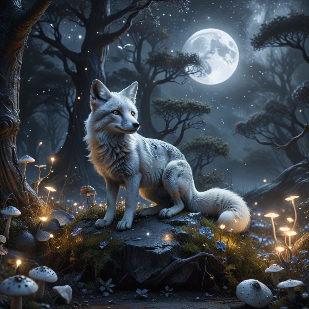 Fox on Moonstone Pedestal in Enchanted Forest