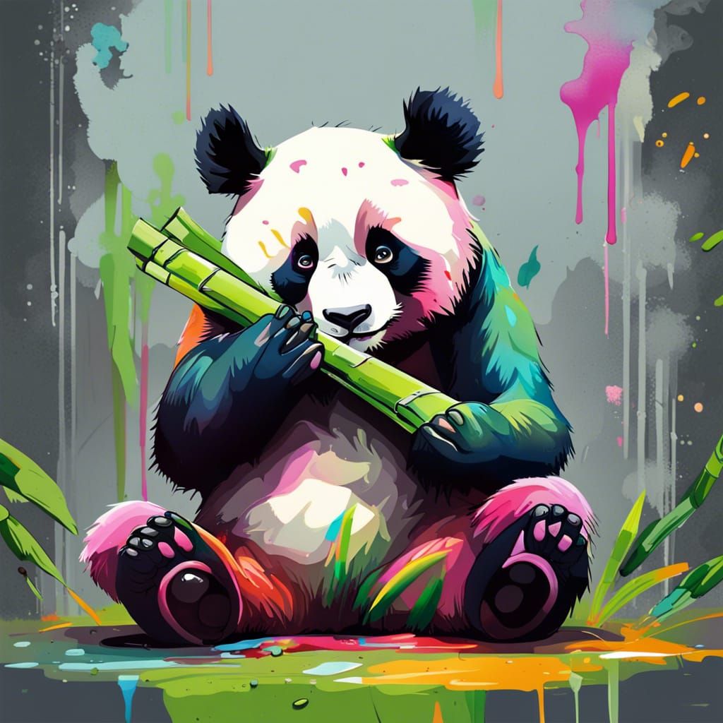 Colorful Panda Eating Bamboo in Graffiti Style