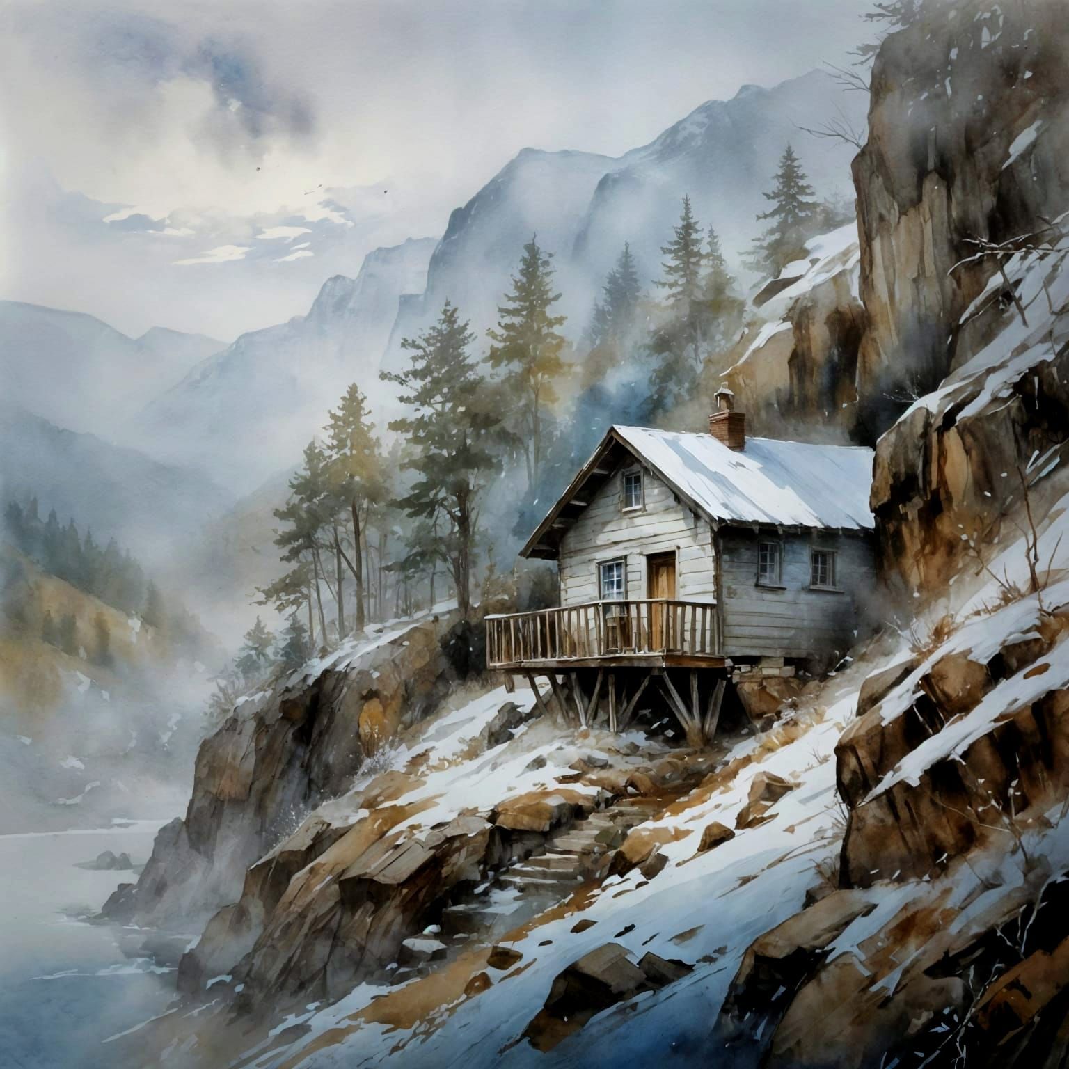 Cozy Winter Cabin Amidst Rocky Mountains in Muted Watercolor