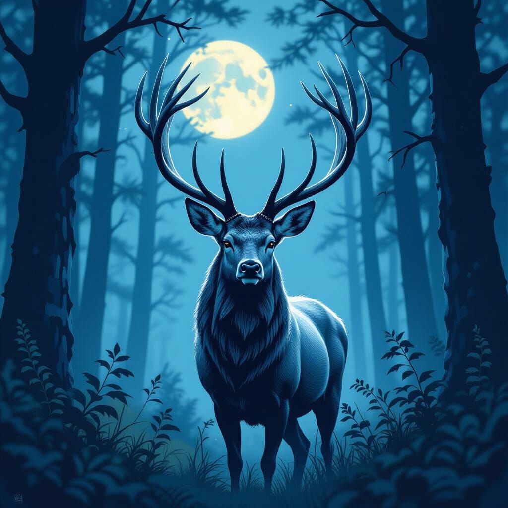 Majestic Silver Stag in Ethereal Moonlight Forest