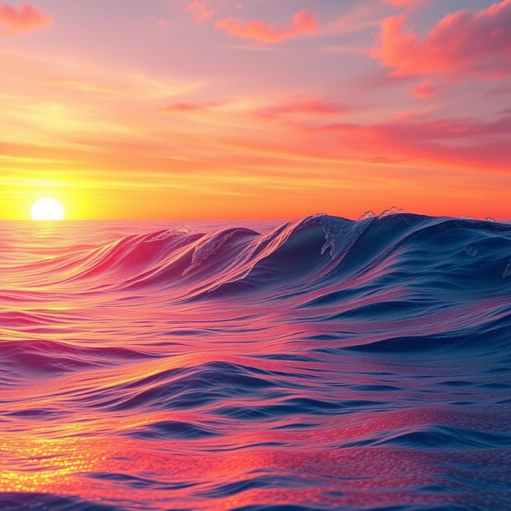 Vibrant Sunset Over Oceanic Waves in Dreamlike Colors