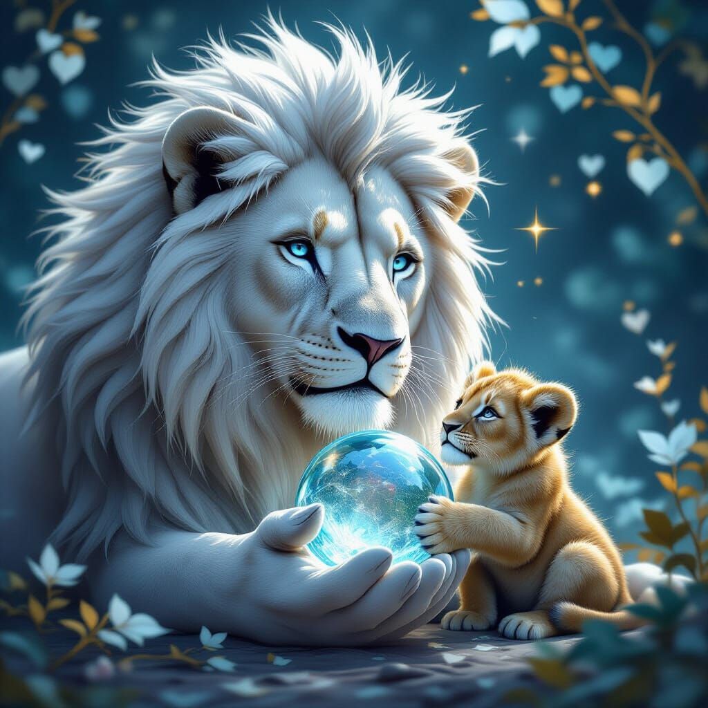 A 3D rendering of a grand and regal white lion with a velvet...