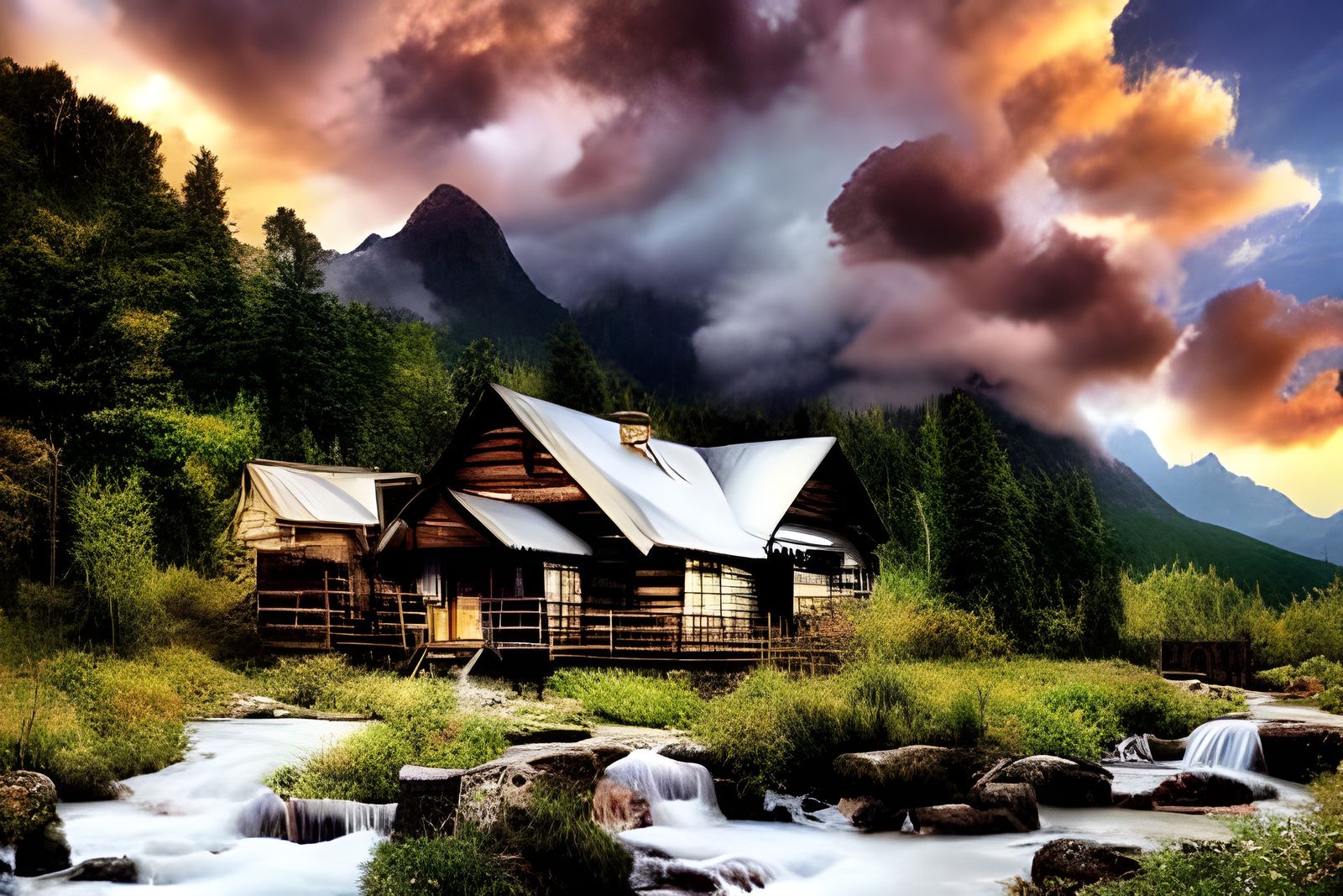 Mountain Cabin and River Landscape in Veduta Style