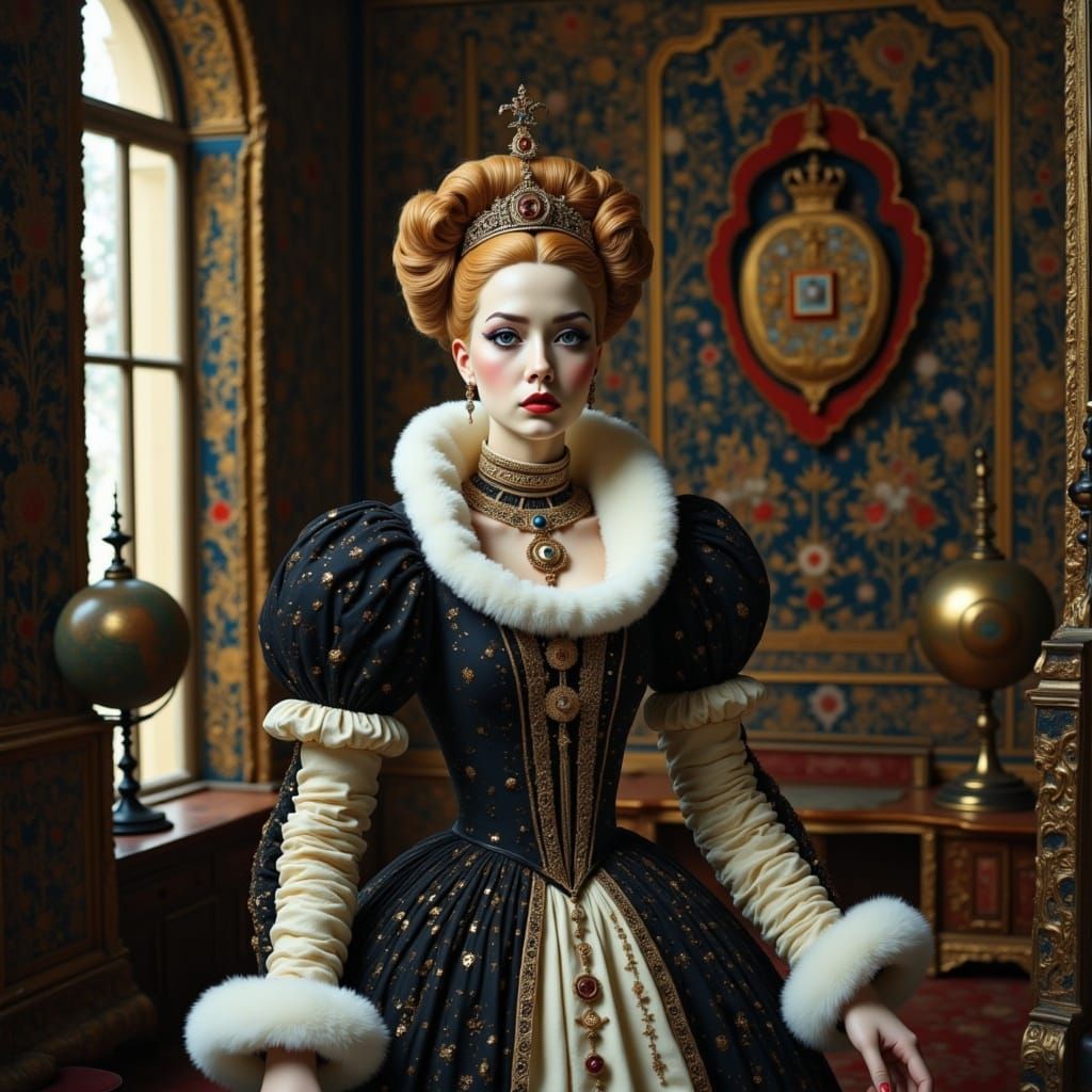 Regal Queen Elizabeth I in Opulent Chamber