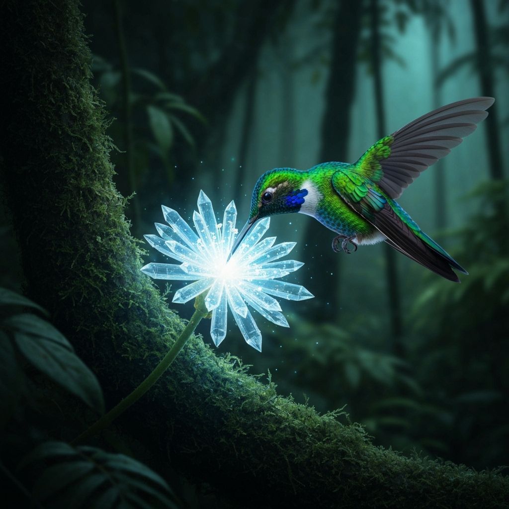 Bioluminescent Hummingbird Sipping Nectar in Alien Jungle