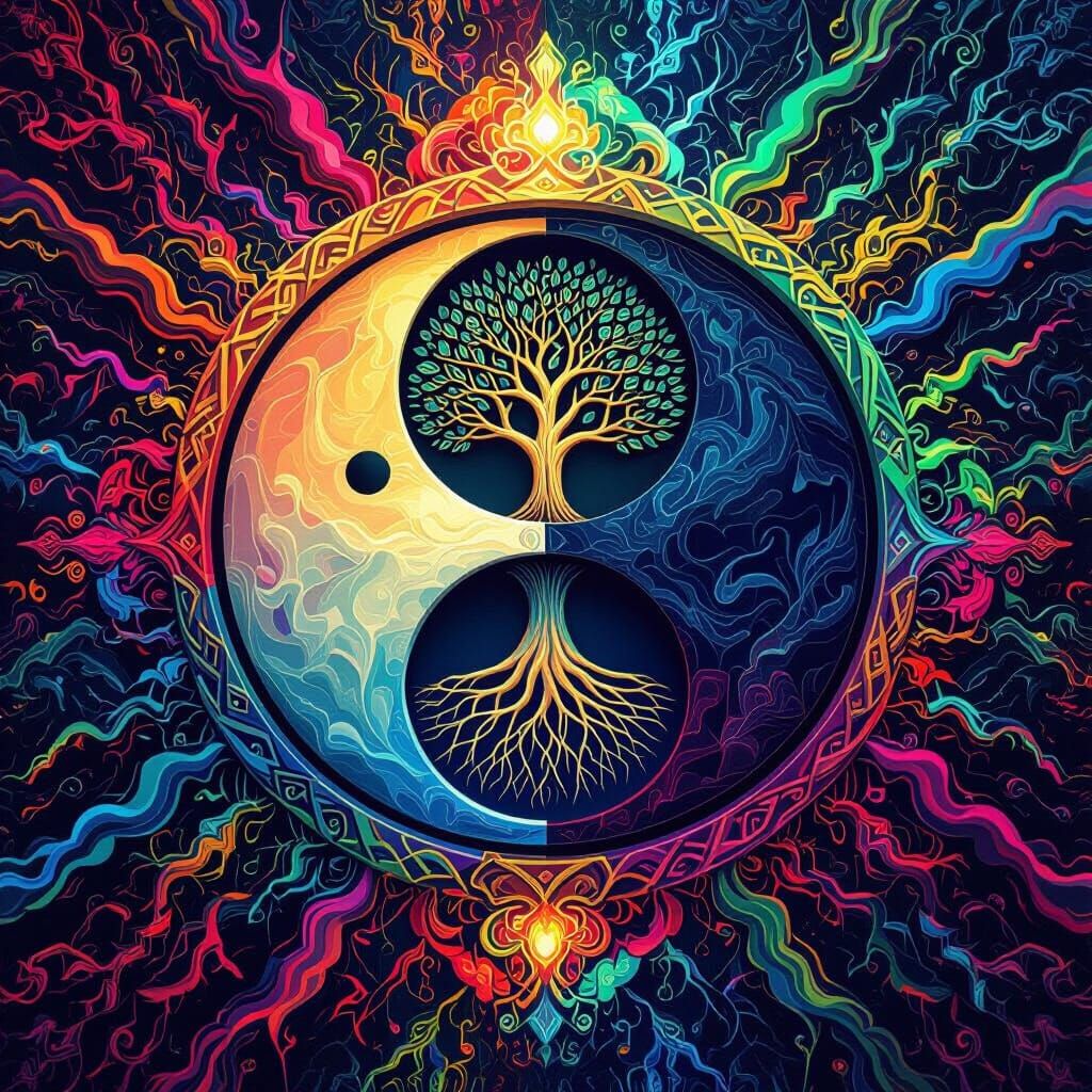 Vibrant Ying Yang Symbol with Tree of Life