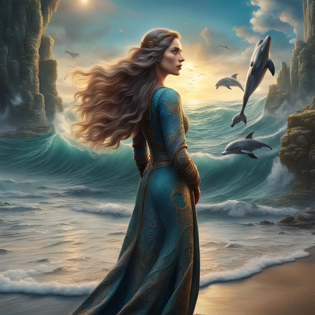 Seashore Fantasy: Woman and Dolphins in Digital Art