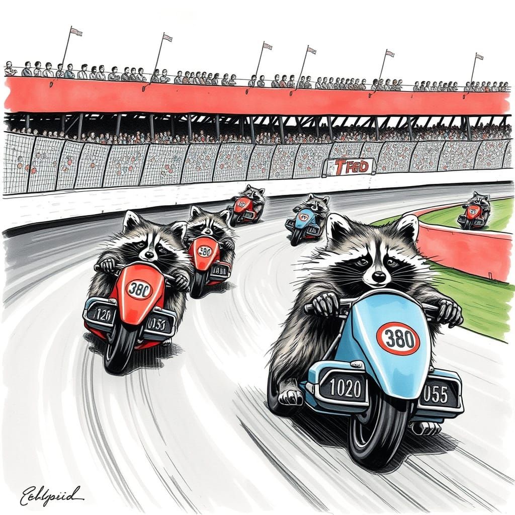 Raccoons Race at Indy 500 in Colorized Ink