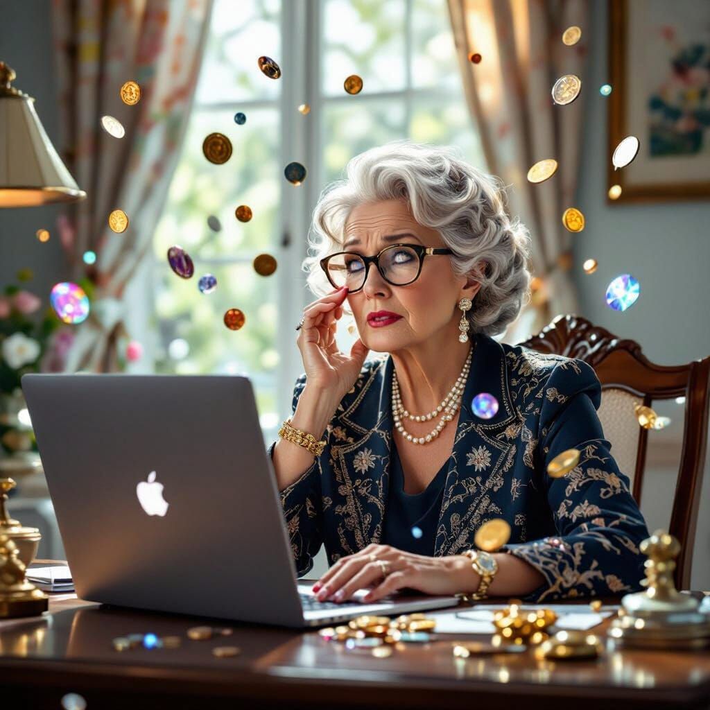 Woman Distracted by Shiny Objects, Dreamlike Illustration