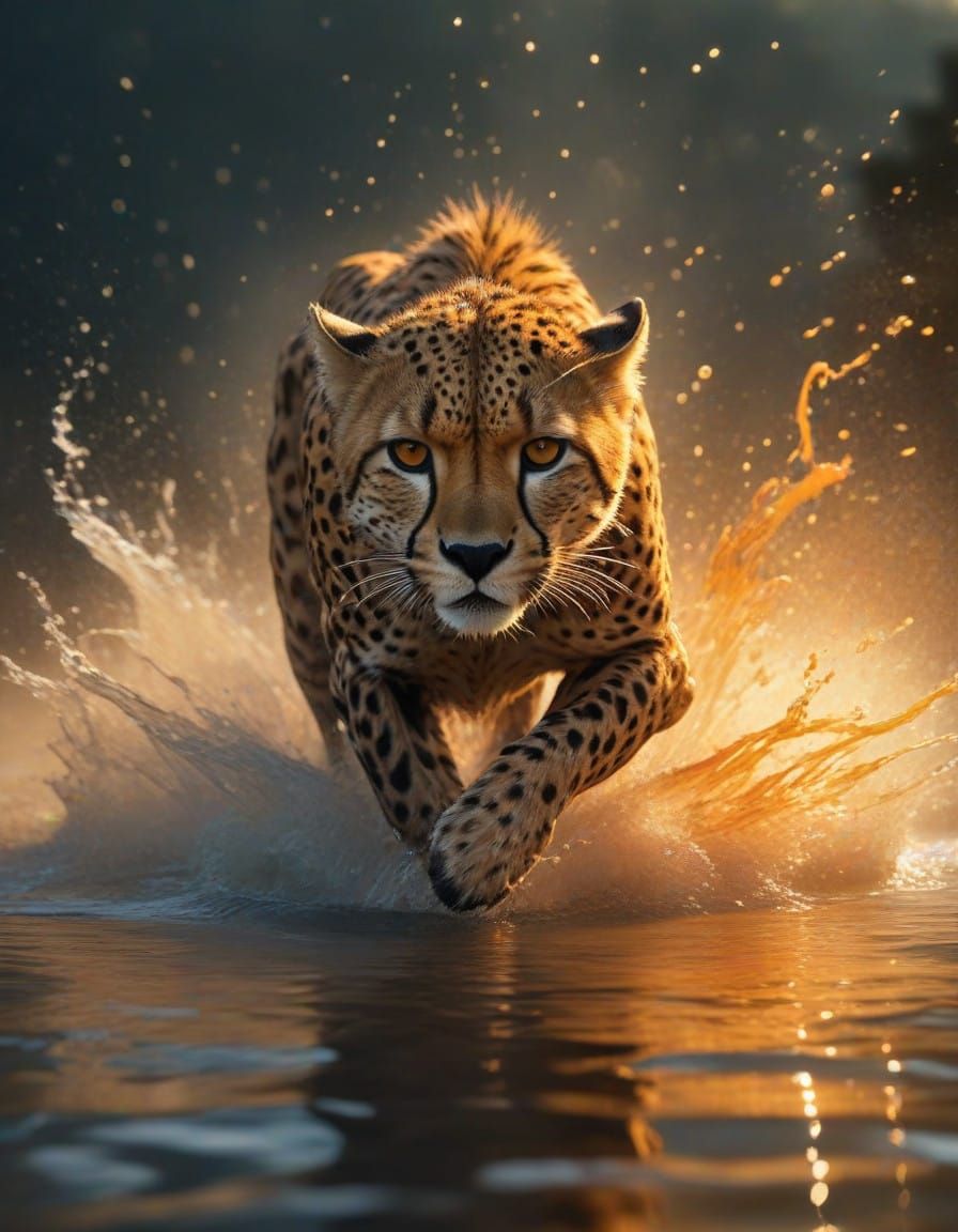 Surreal Cheetah in Whimsical Water Wonderland