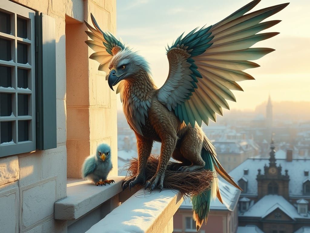 GRIFFIN'S FAMILY AT OUR BALCONY. Realistic imaginary creatures, Griffin, Gryphon, Griffon, a mystical creature with the ...