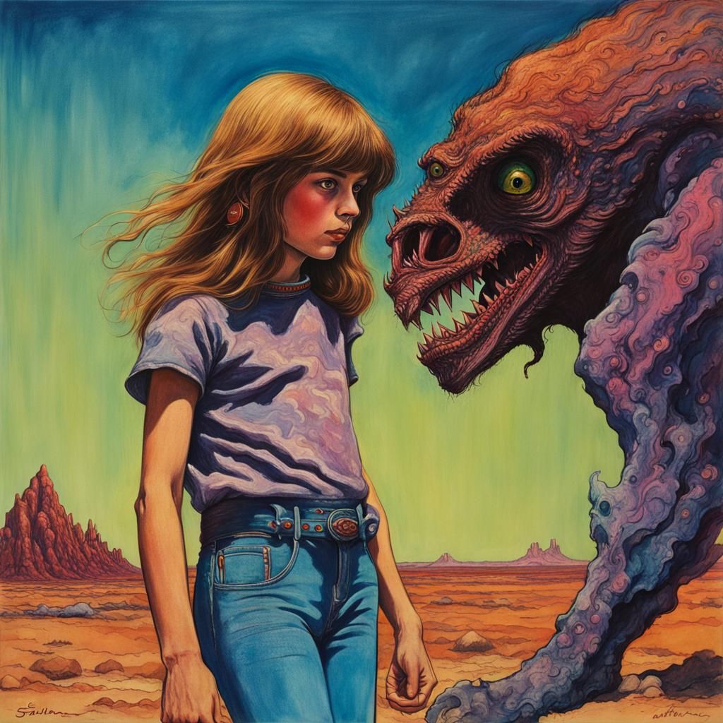 Teenage Girl and Cosmic Monster in Sahara, 1970s Style