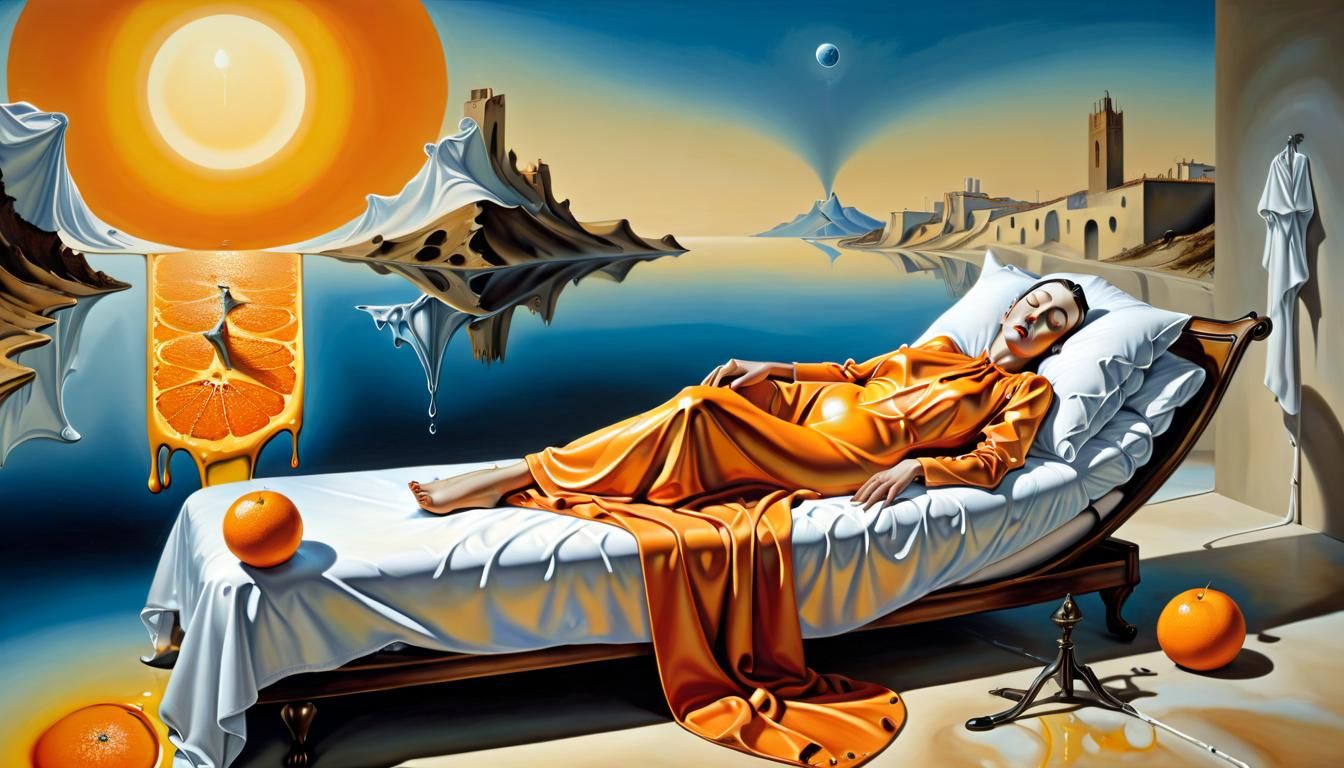 Surreal Sleeper in Ornate Bed, Digital Art