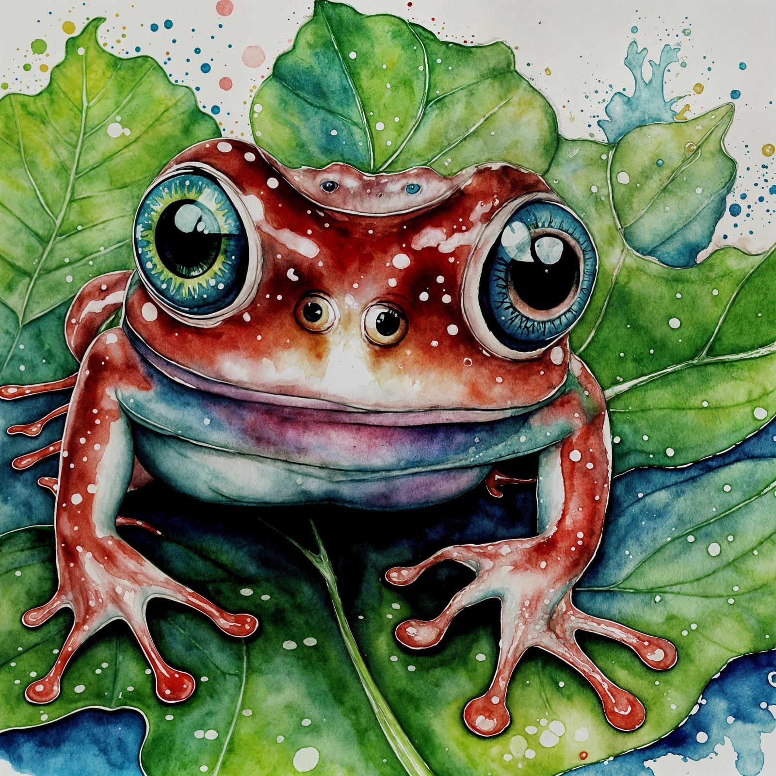 Kawaii Frog with Large Eyes Watercolor Painting