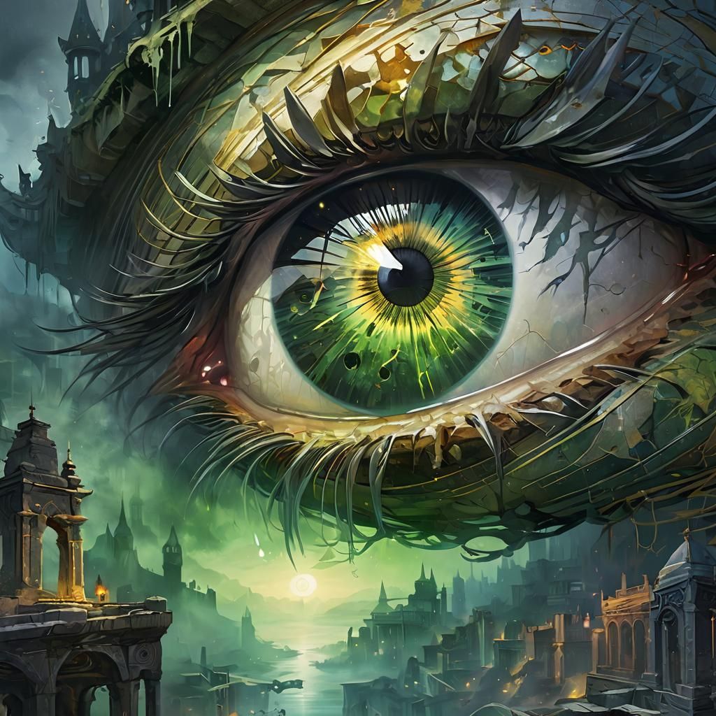 Ethereal Eye Floats Above Ruined Cityscape