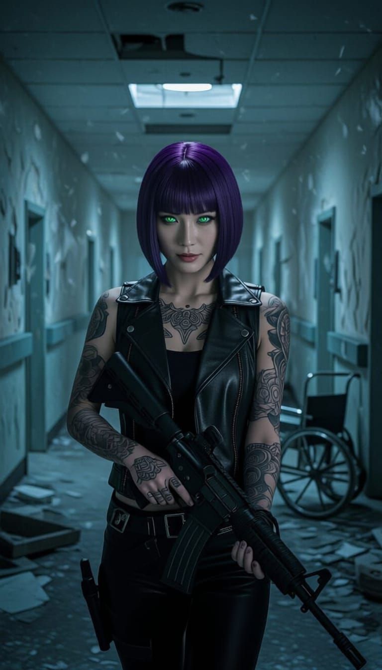 Japanese Warrior Woman with Tattoos and Machine Gun