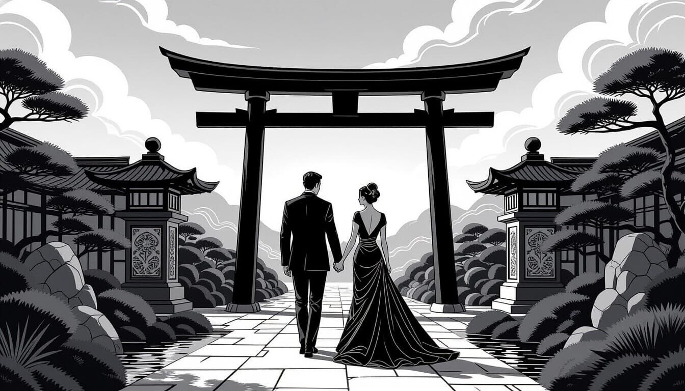 Elegant Couple Strolls Through Surreal Art Deco Garden