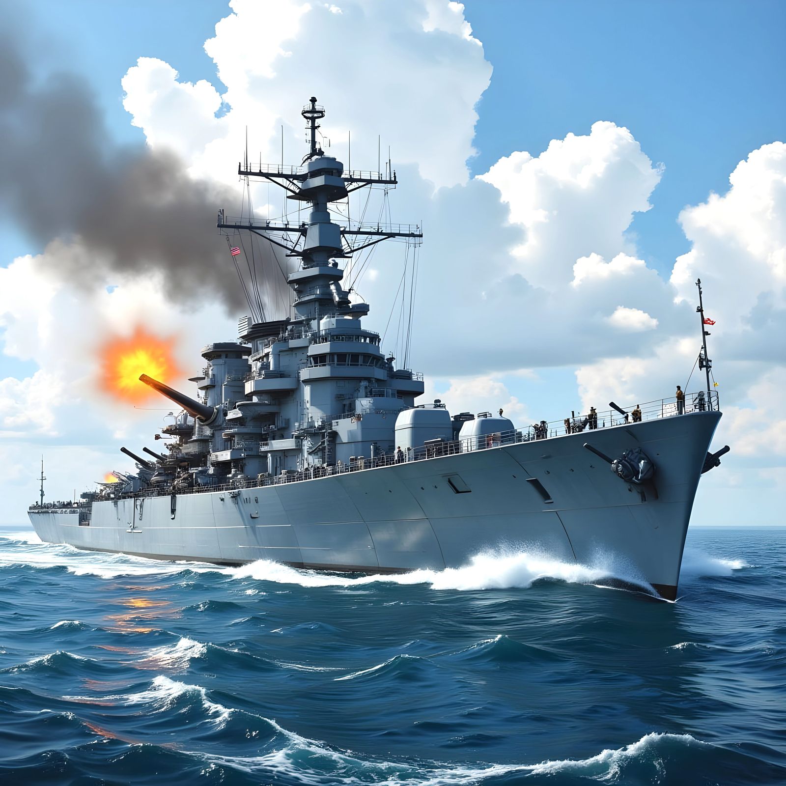 Navy Battleship Firing Guns in Photorealistic Style