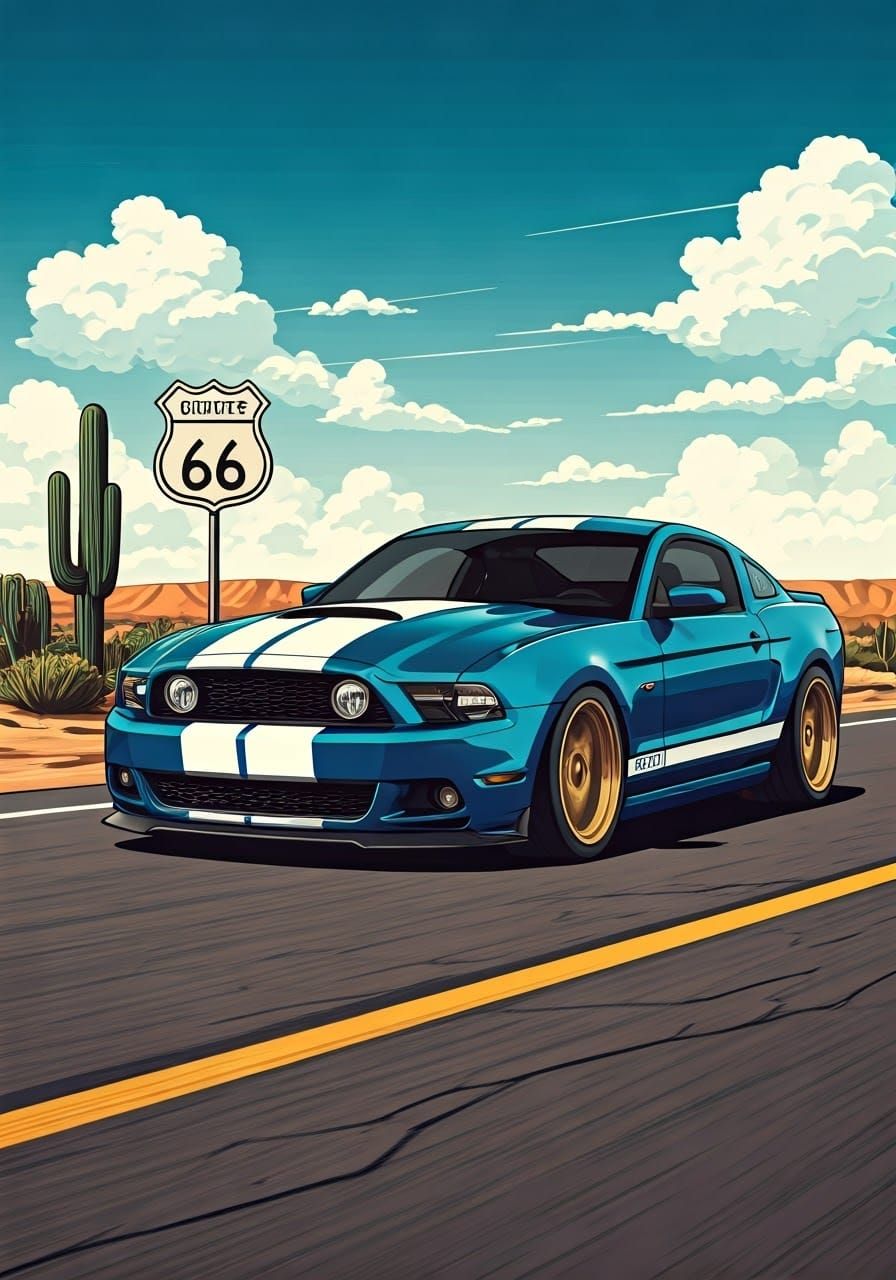 Ford Mustang on Route 66 in Anime Style