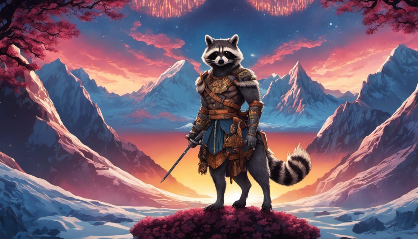 Raccoon Knight Centaur in Ukiyo-e Anime Landscape