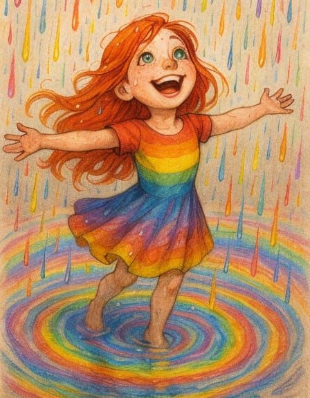 Girl Spinning in Rainbow Puddle: Vibrant Digital Art