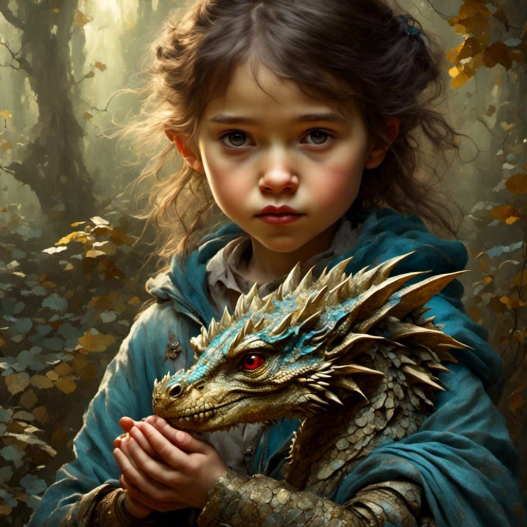 Girl Protectively Cradles Tiny Dragon: Hyperrealistic