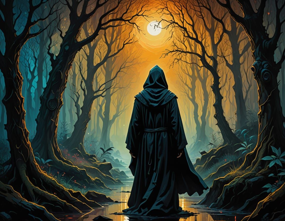 Ethereal Hooded Figure in Vibrant Oil Painting