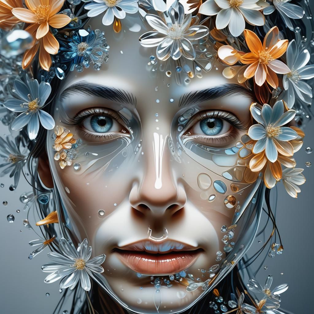 Woman's Transparent Head Filled with Crystal Flowers