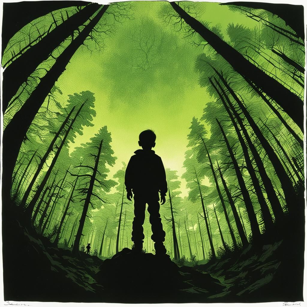 Boy's Silhouette in Green Forest, Schuiten Style