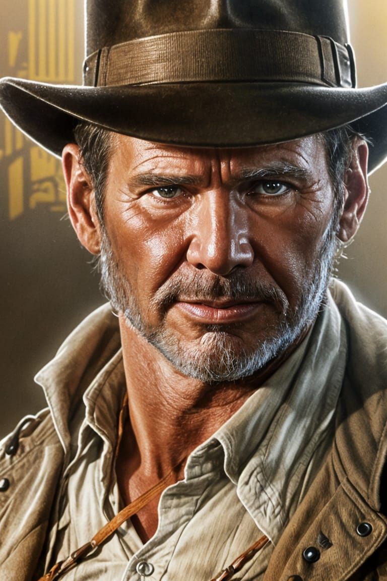 Indiana Jones Close Up Portrait with Mystic Symbols