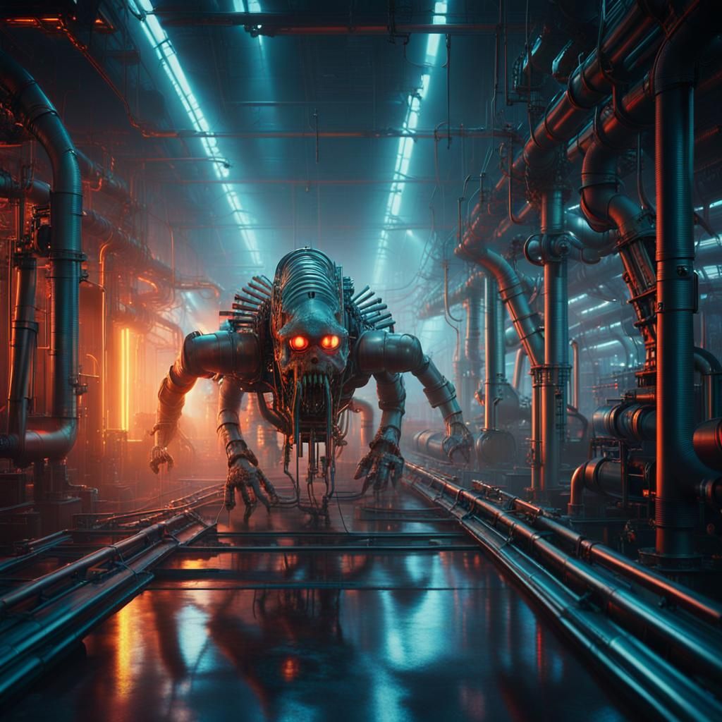 Biomechanical Surrealist Monster in Metallic Corridors