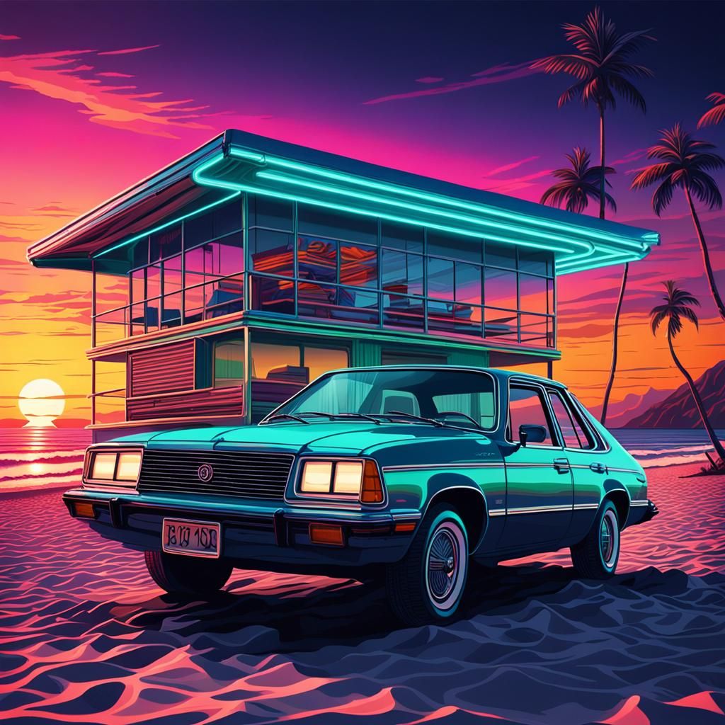 Vintage 80s Car on Sunset Beach in Neon Art