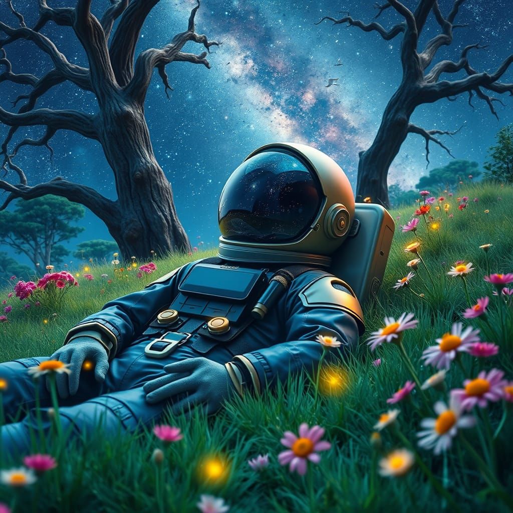 Serene Astronaut Surrounded by Vibrant Wildflowers and Starr...