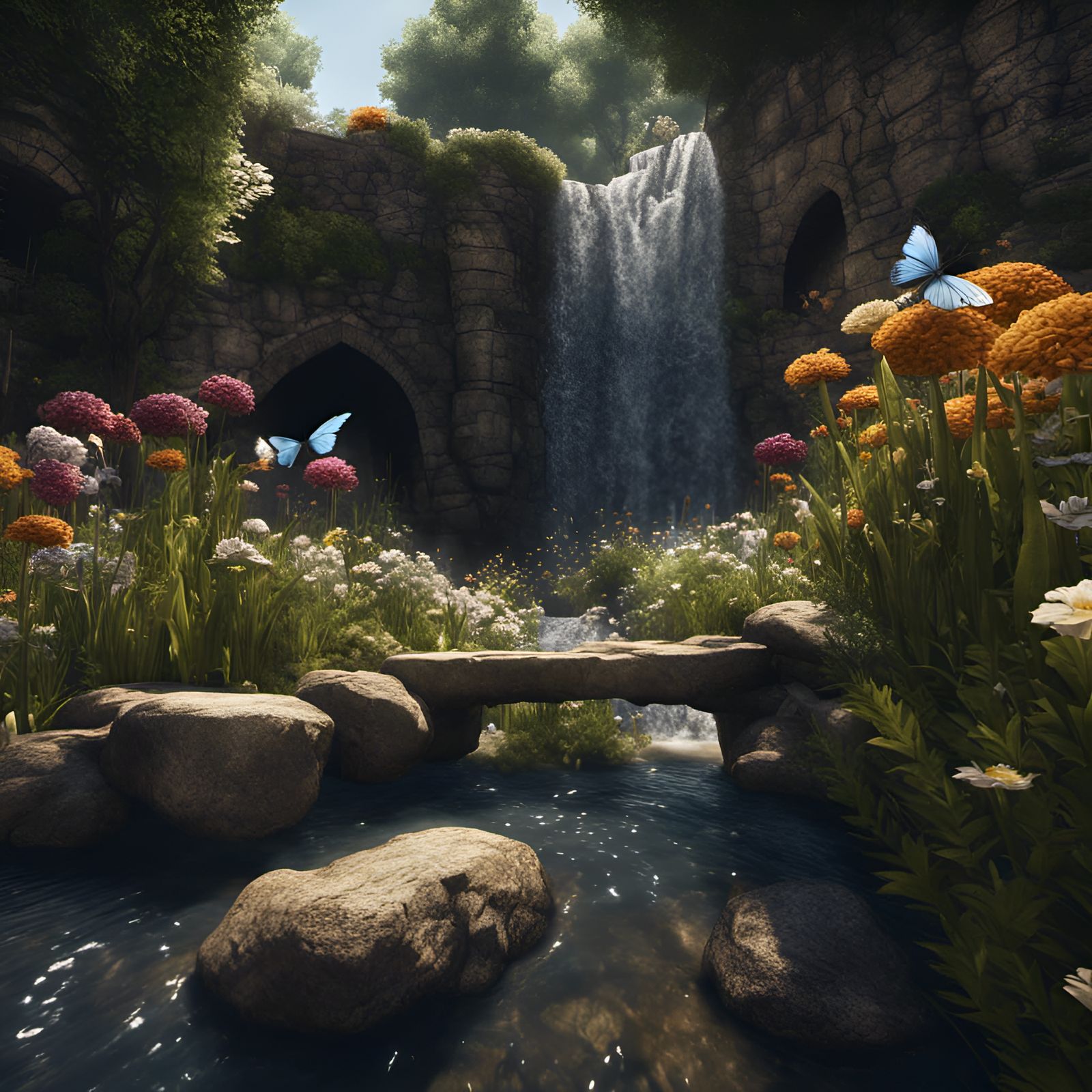 waterfalls over the bridge