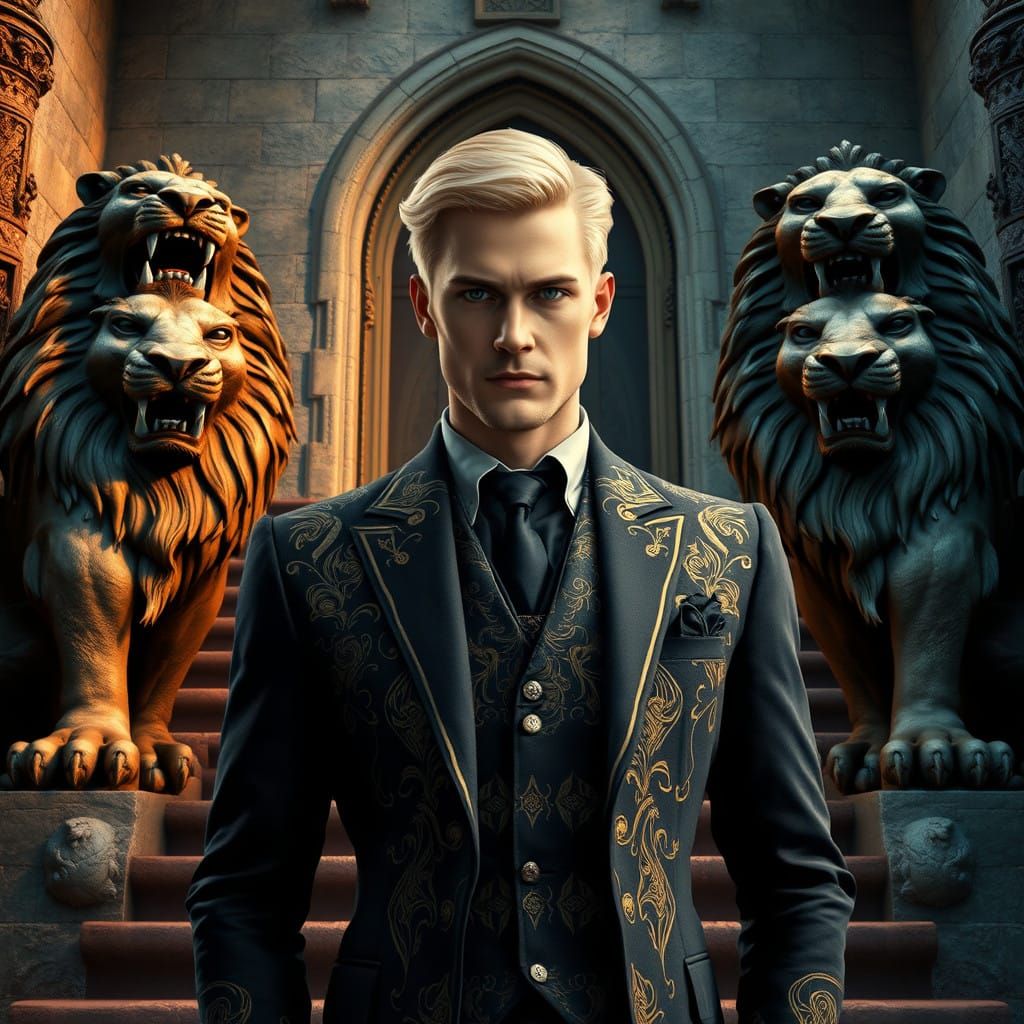 Regal Blonde Man Stands Proud at Grand Castle Staircase