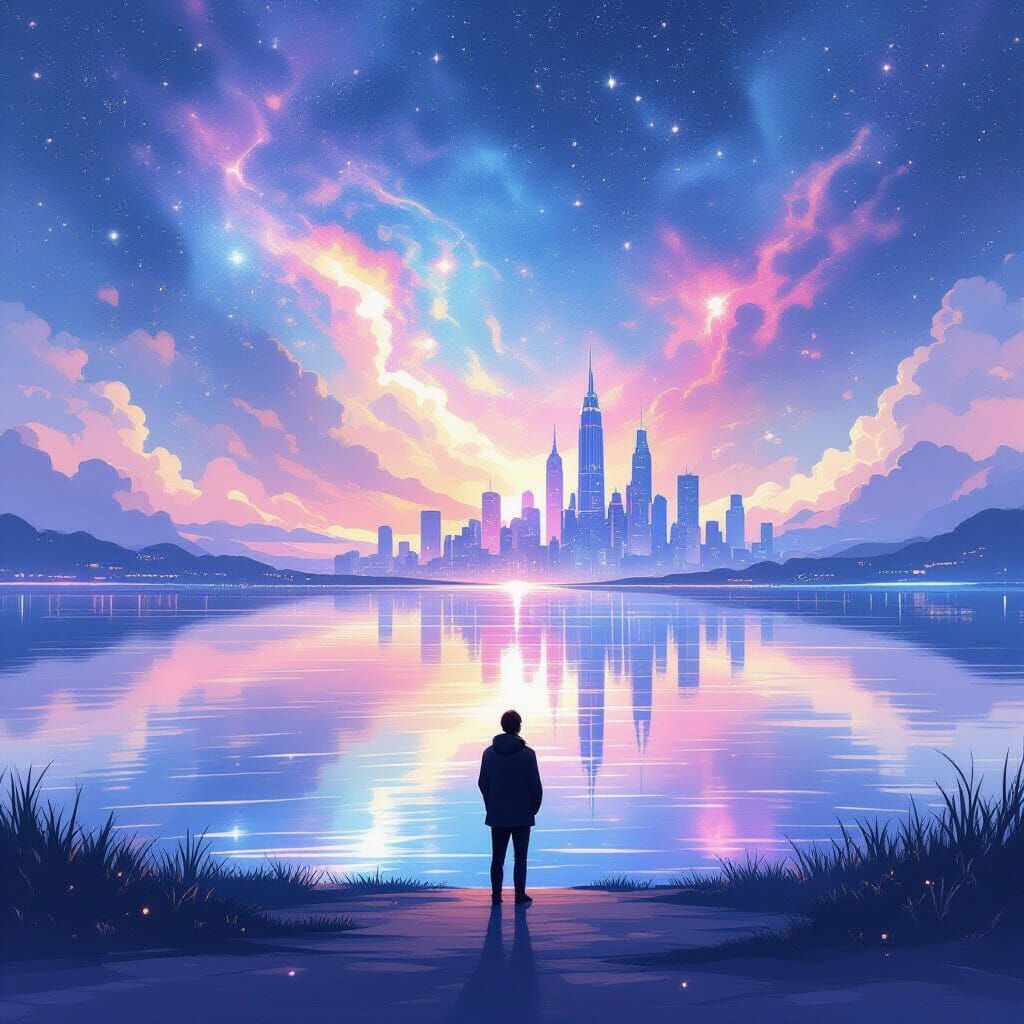 Neon Lake Reflections Under Nebulae Sky